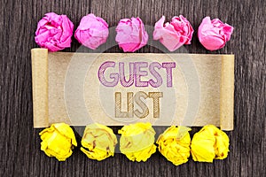 Writing text Guest List. Concept meaning Planning Wedding Or Event Important Guests Lists written on sticky note paper with folde