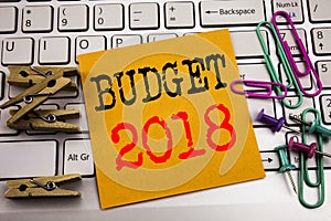 Writing text showing Budget 2018. Business concept for Household budgeting accounting planning written on sticky note paper on the