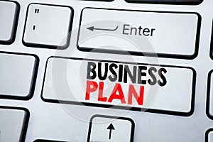 Writing text showing Business Plan Planning. Business concept for Preparation Project Strategy written on white keyboard key with