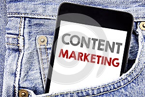 Writing text showing Content Marketing. Business concept for Online Media Plan written on cellphone phone smartphone in the men po