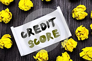 Writing text showing Credit Score. Business concept for Financial Rating Record Written on sticky note notepad note notebook book