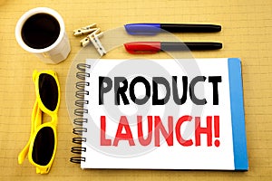 Writing text showing Product Launch. Business concept for New Products Start written on sticky note with copy space on old wood wo
