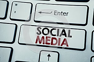 Writing text showing Social Media. Business concept for Community Social Media written on white keyboard key with copy space. Top