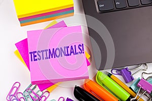 Writing text showing Testimonials made in the office with surroundings such as laptop, marker, pen. Business concept for Consumer