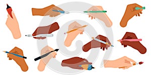 Writing tools in hand. Pen, pencil, stylus, felt-tip pen in arms, writing and drawing tools vector illustration icons