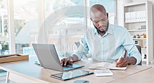 Writing, typing and black businessman in office, workspace and professional space for work in corporate career