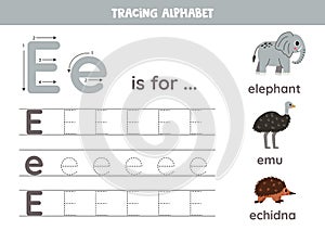 Writing uppercase and lowercase letter E. Printable worksheet. Cute illustration of elephant, emu, echidna.
