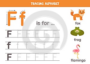 Writing uppercase and lowercase letter F. Cute illustration of frog, flamingo, fox. Printable worksheet.