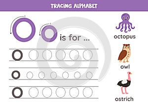 Writing uppercase and lowercase letter o. Printable worksheet. Cute illustration of octopus, owl, ostrich.