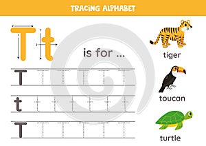 Writing uppercase and lowercase letter t. Cute illustration of tiger, toucan, turtle. Printable worksheet.