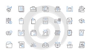 Written documents line icons collection. Manuscript, Report, Memo, Thesis, Essay, Handbook, Statute vector and linear