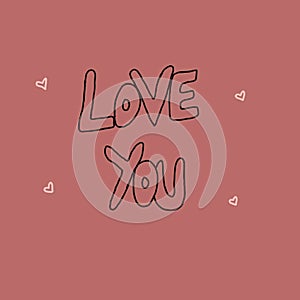 Written love you with hearts and a pink background