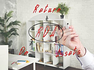 Written phrase ROA Return On Assets . Businessman writing with marker on an background