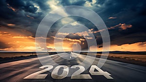 2024 is written on a road that stretches into the distance, as a symbol of the coming new year. dramatic sky photo