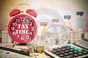 Written word Tax Time on a clock with compass ,coins and Calculator on money banknotes Euro and Dollars,concept of business