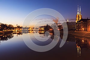 Wroclaw Cathedral and city panorama at night