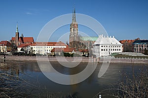Wroclaw cityscape with catherdral and Odra river