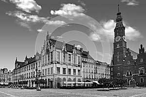 Wroclaw Market Square with Town Hall. Cloudy sky in historical capital of Silesia Poland, Europe.