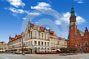 Wroclaw Market Square with Town Hall. Cloudy sky in historical capital of Silesia Poland, Europe. Travel vacation concept