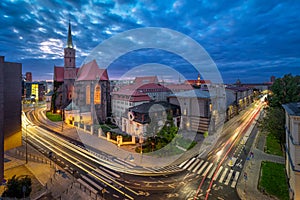 Wroclaw, Poland. Aerial cityscape at dusk with church