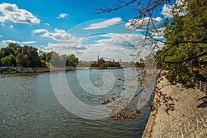 WROCLAW, POLAND: Beautiful landscape with waterfront views of the bridge and the river Odra