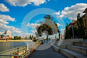 WROCLAW, POLAND: Beautiful landscape with waterfront views of the bridge and the river Odra