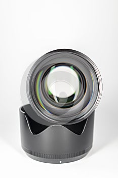 Wroclaw, Poland - December 18 2023: Camera lens for mirrorless Canon camera with RF mount Viltrox RF 85mm f1.8 STM on white