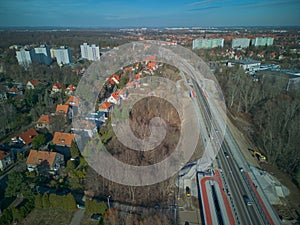 Aerial photography of Aleja Wielkiej Wyspy (Big Island Avenue) in Wroclaw, Poland - Most Olimpijski (Olympic Bridge) photo