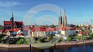 Wroclaw, Poland. Ostrow Tumski with gothic cathedral and church. Aerial video