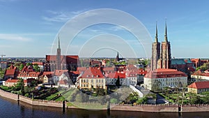 Wroclaw, Poland. Ostrow Tumski with gothic cathedral and church. Aerial video