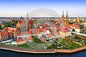 Wroclaw, Poland. Ostrow Tumski with gothic cathedral and church.