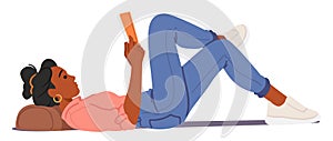 Wrong Body Posture For Reading. Female Character Lying On Pillow With Hunched Shoulders, Bent Spine, Vector Illustration