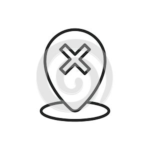 Wrong destination, icon in line design. Wrong, destination, map, error, location, pin, misdirection on white background
