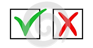Wrong green and right red color mark. Icon check yes and x isolated on white background. Wrong or right checkmark. Symbol correct