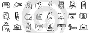 Wrong password icons set outline vector. Lock key forget