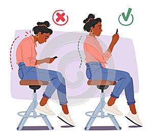 In The Wrong Posture, Female Character Slouches On A Chair, Hunched Over The Smartphone. In The Proper Posture