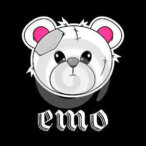 Wrong and Raped Teddy Bear. Inscription Emo. Gothic aesthetic in y2k, 90s, 00s and 2000s style. Emo Goth tattoo sticker