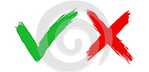 Wrong and right. Icon grunge check mark yes or x. Red and green color sign isolated on white background. Wrong or right checkmark.
