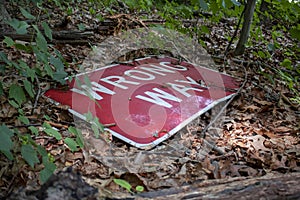 Wrong way red and white street sign  broken and on the forest ground