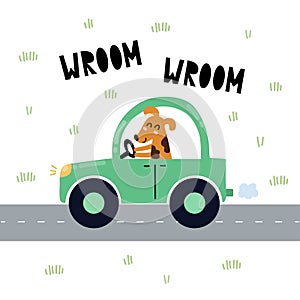 Wroom wroom print with cute dog driving the blue car. Funny background