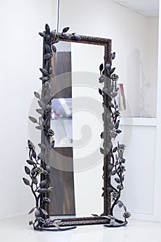 Wrought frame twined with roses with mirror