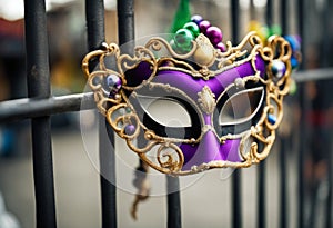 wrought hanging mask Gras necklaces iron day fence bead New created technology Orleans Mardi festive celebration party holiday