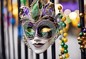 wrought hanging mask Gras necklaces iron day fence bead New created technology Orleans Mardi festive celebration party holiday