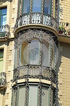 Wrought iron art nouveau window on building in Barcelona