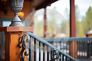 wrought iron bannister detail on log cabin balcony
