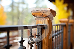 wrought iron bannister detail on log cabin balcony