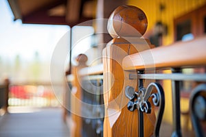 wrought iron bannister detail on log cabin balcony