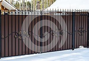 Wrought iron fence with a gate on the private sector in a country house in winter snow