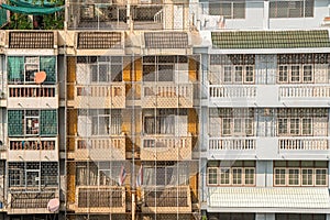 Wrought iron floor to ceiling grill on traditional building in Thai capital Bangkok