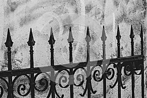 Wrought iron garden fence with grafiti behind it